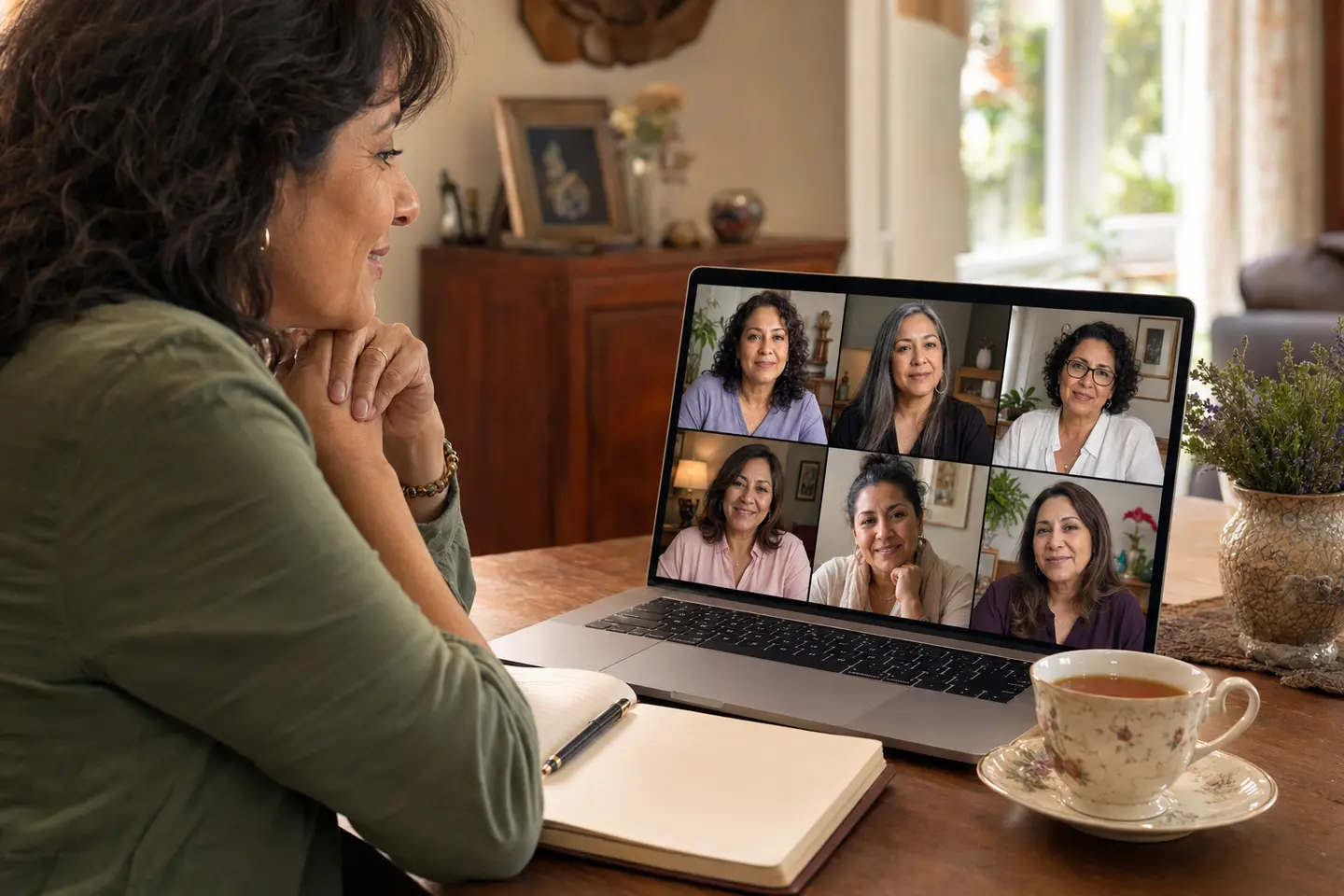 Mujer participando desde su casa en un encuentro online con otras mujeres